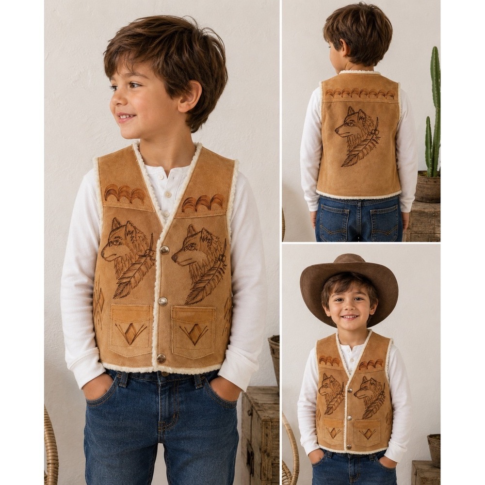 Vintage Kids Suede Leather Wolf Graphic Sherpa Lined Vest Brown Small